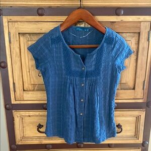 Prana Blue Pleated Mandarin Collar Blouse